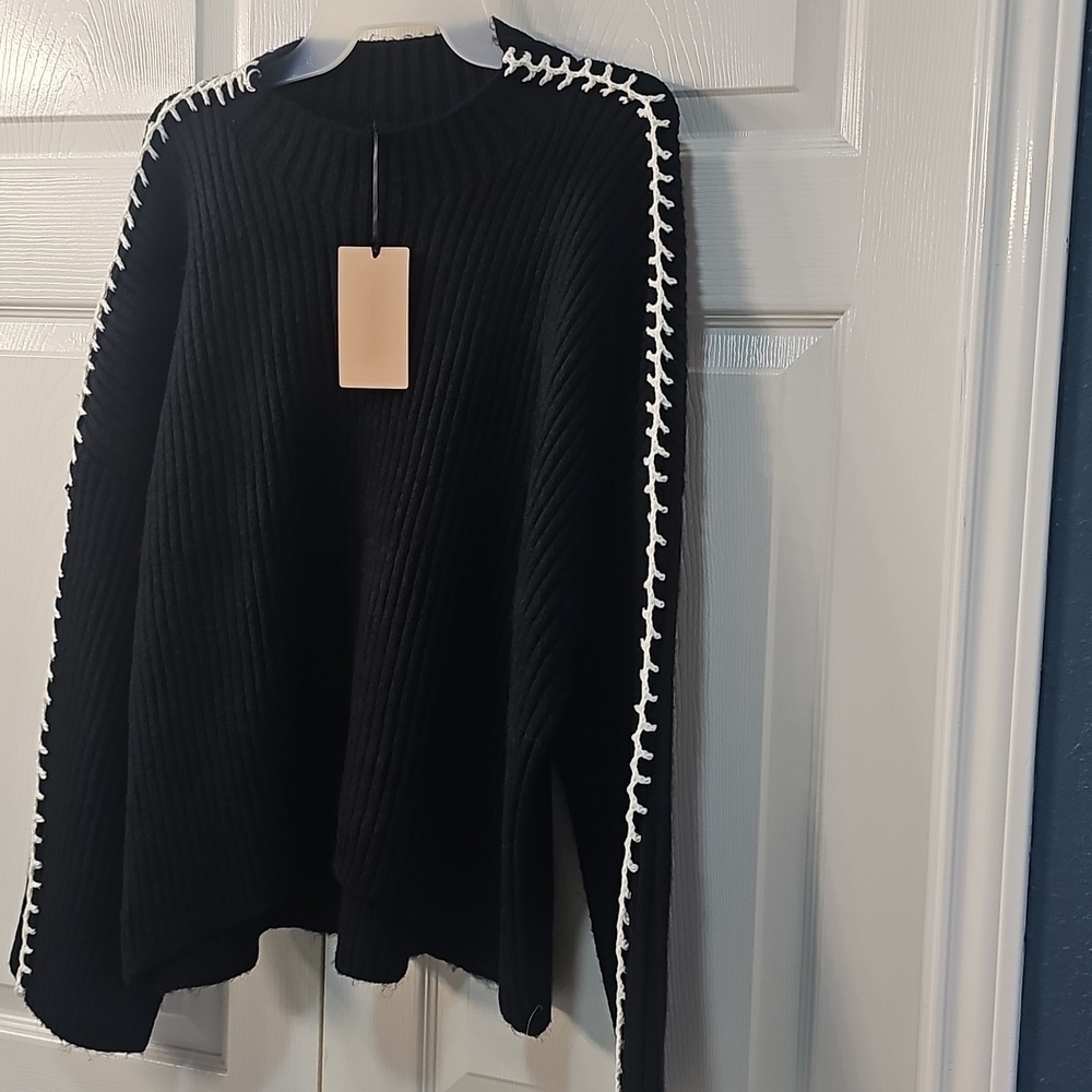 New Halogen Contrast Stitch Chunky Plush Thick Sweater BLK/White XL - Picture 9 of 14